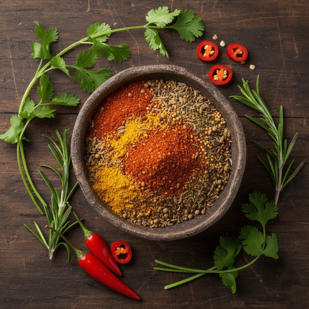 Close-up of a colorful spice blend with herbs and chili peppers