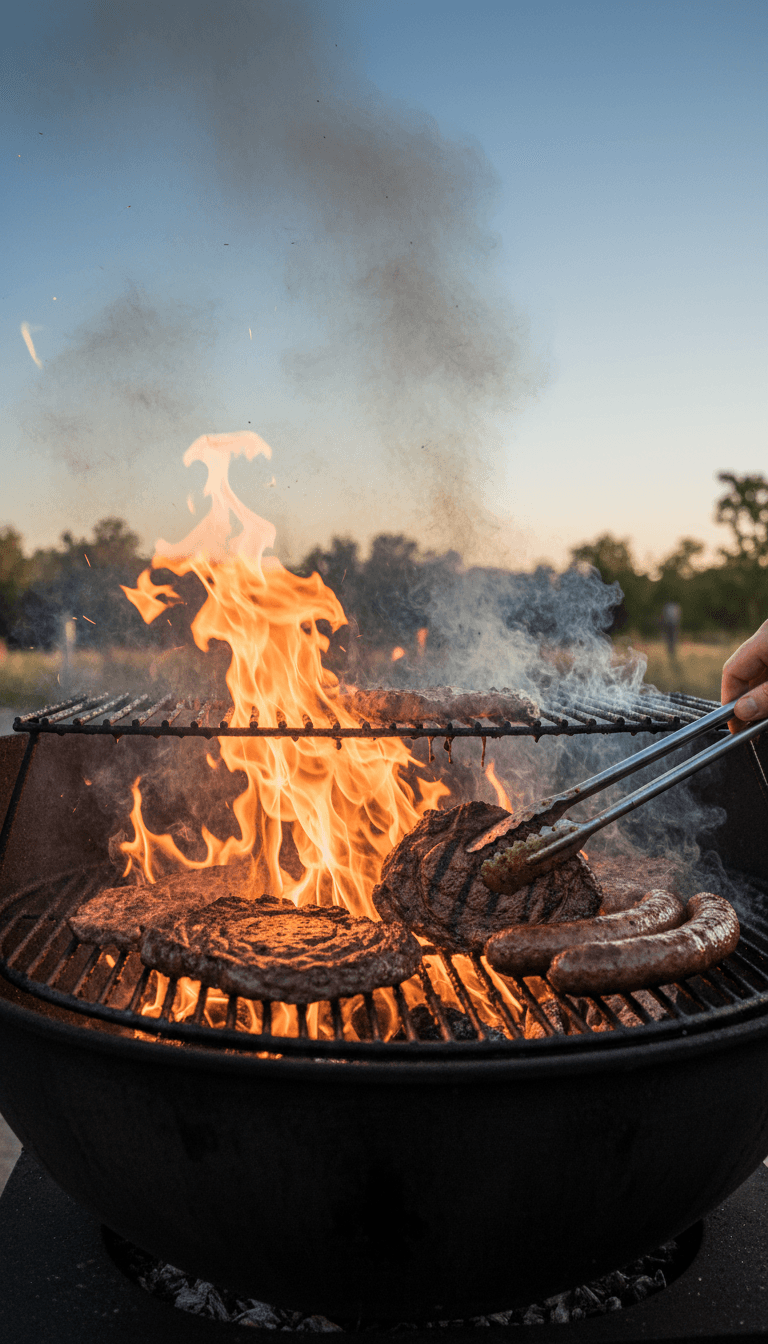Grilling meat on a barbecue with flames and smoke