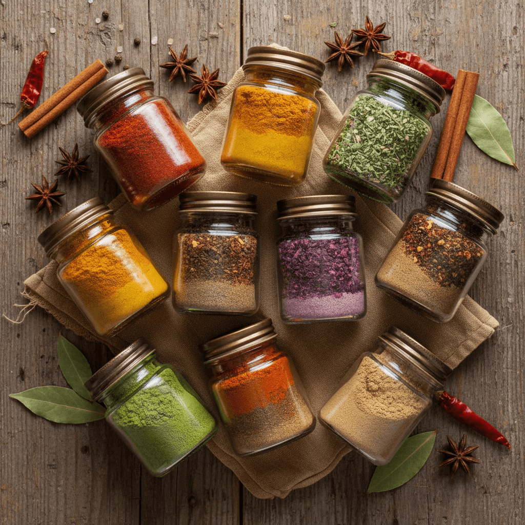 Colorful spice blends in small jars on a rustic wooden table