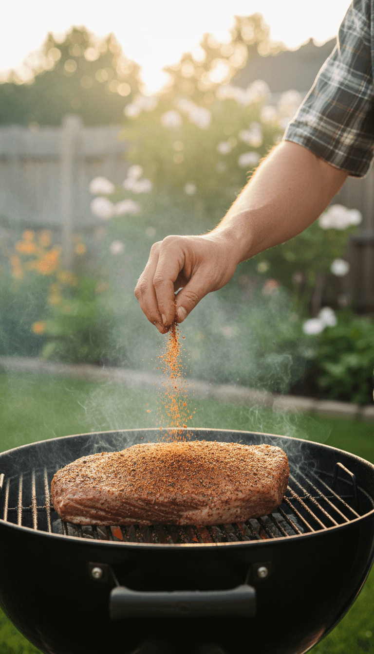 Hands seasoning meat on a grill with smoke rising