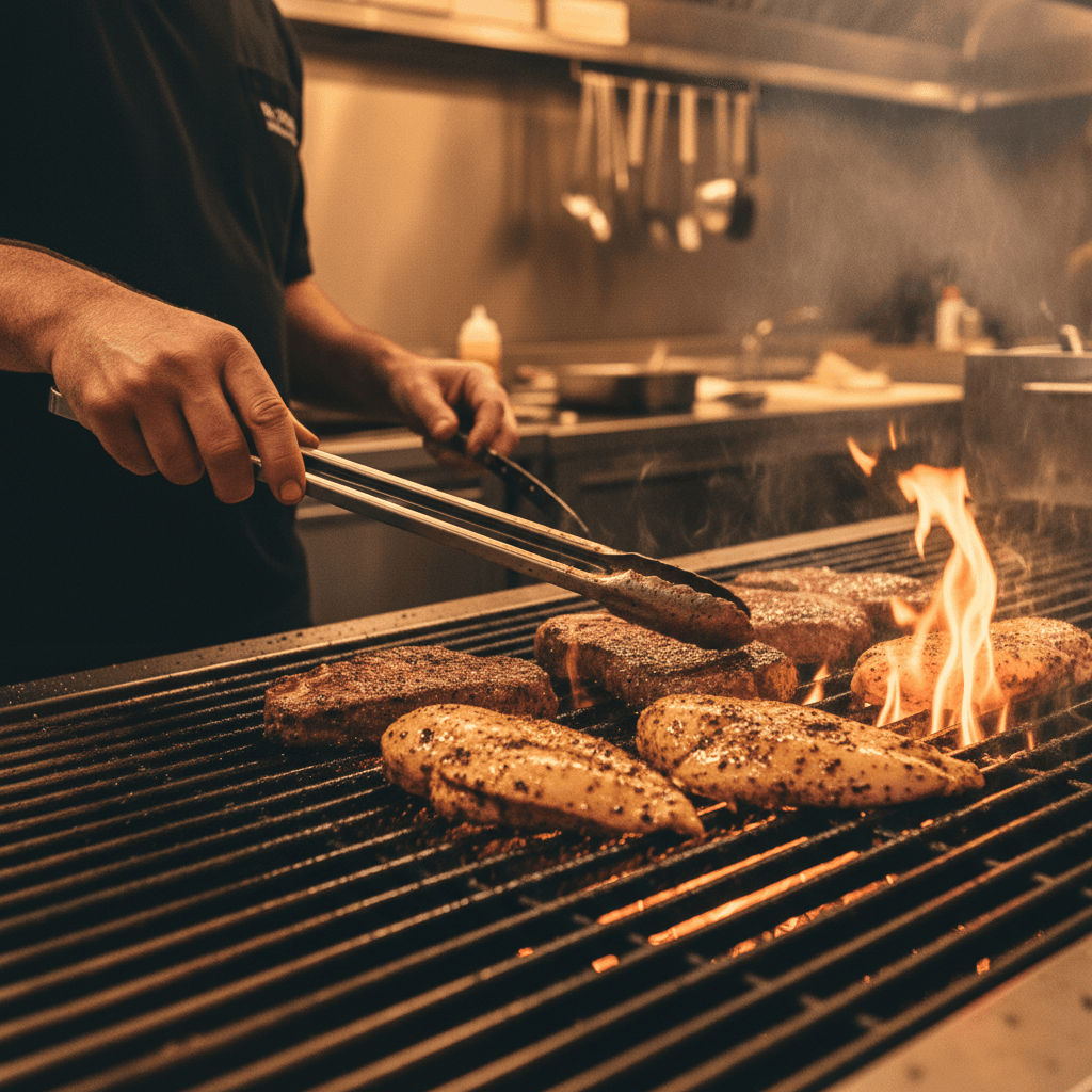 Steak grilling over flames with smoke rising