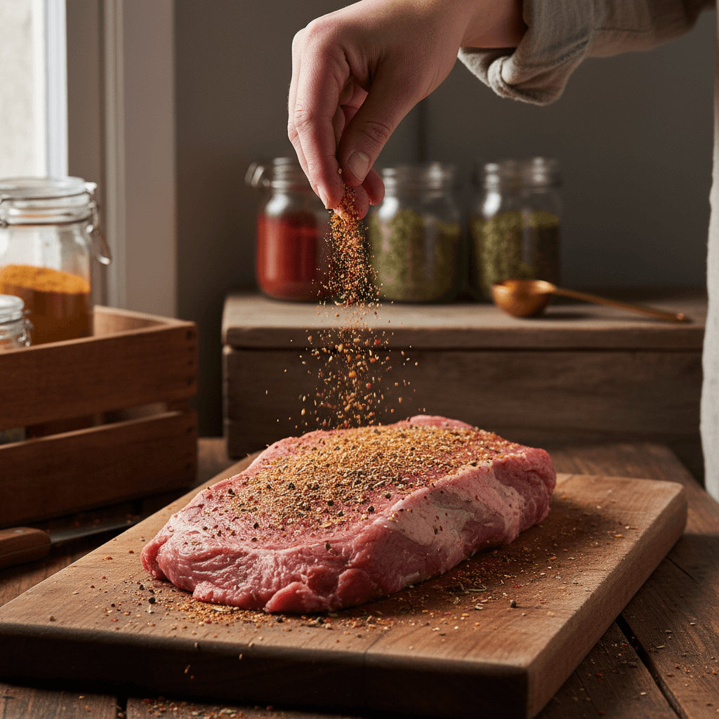 Hands sprinkling spice rub on meat over a glowing grill