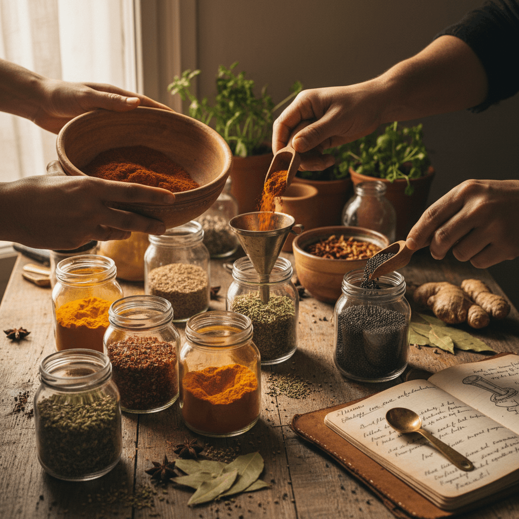Jars of Brutal Blends seasoning on a rustic table