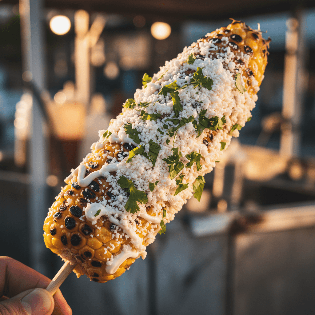 Grilled Mexican street corn with melted cheese, mayo, and cilantro garnish in close-up detail