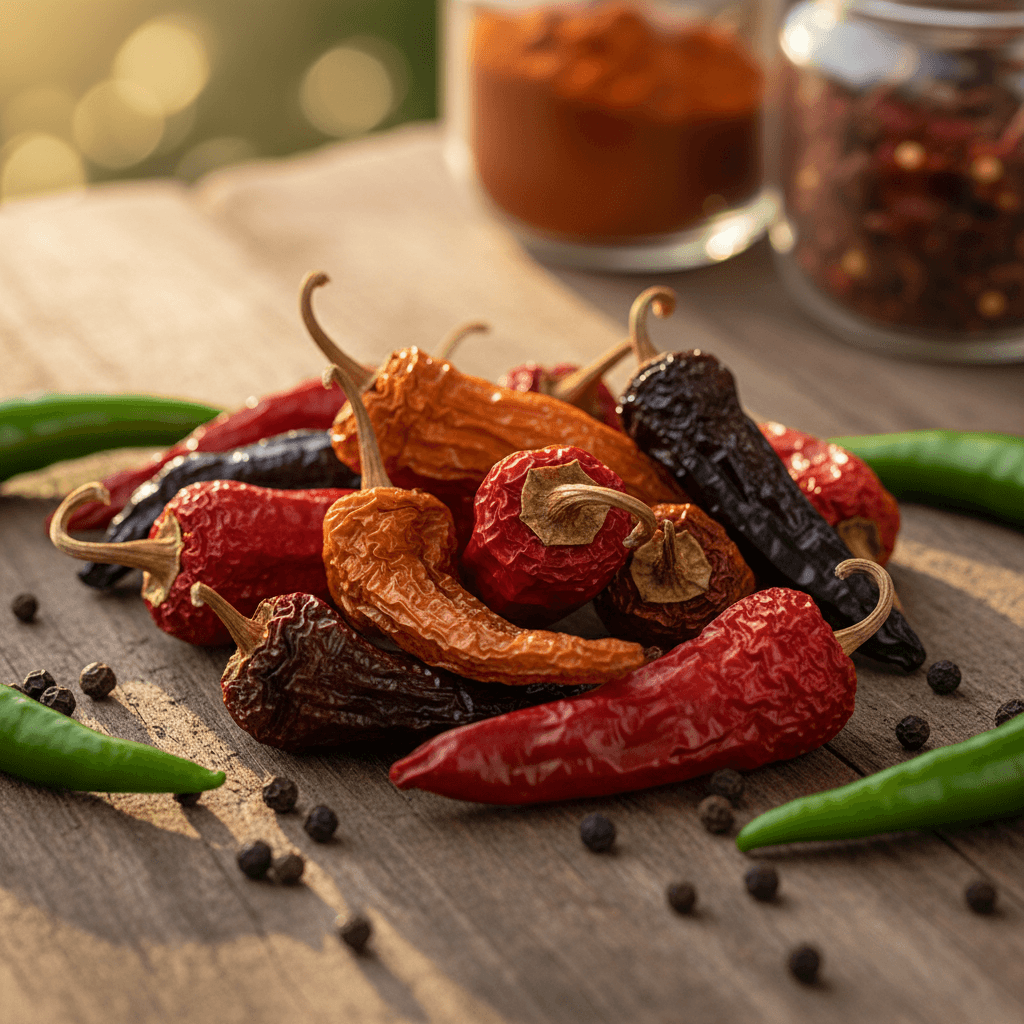 Jar of chili lime seasoning surrounded by fresh limes and red chilies