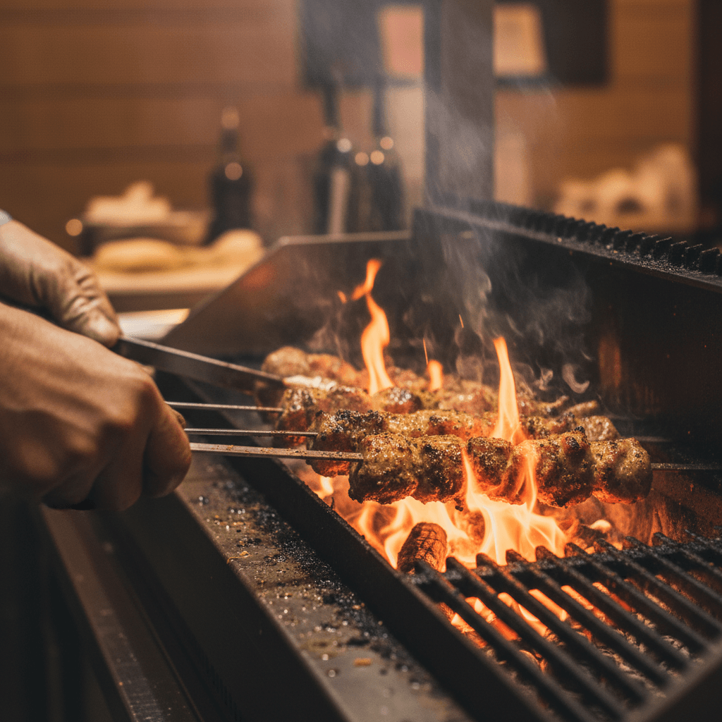 Shrimp skewers grilling on a barbecue with seasoning